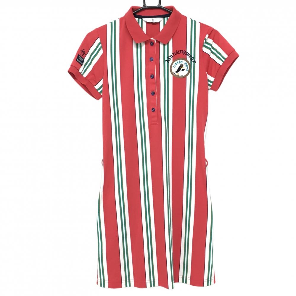 マンシングウェア 半袖ポロワンピース ピンクレッド×白 ストライプ 胸元ロゴ レディース M ゴルフウェア Munsingwear