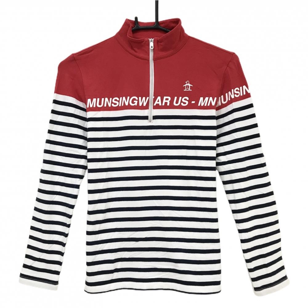 【美品】マンシングウェア 長袖ハイネックシャツ レッド×白×ネイビー ハーフジップ 一部ボーダー レディース M ゴルフウェア Munsingwear
