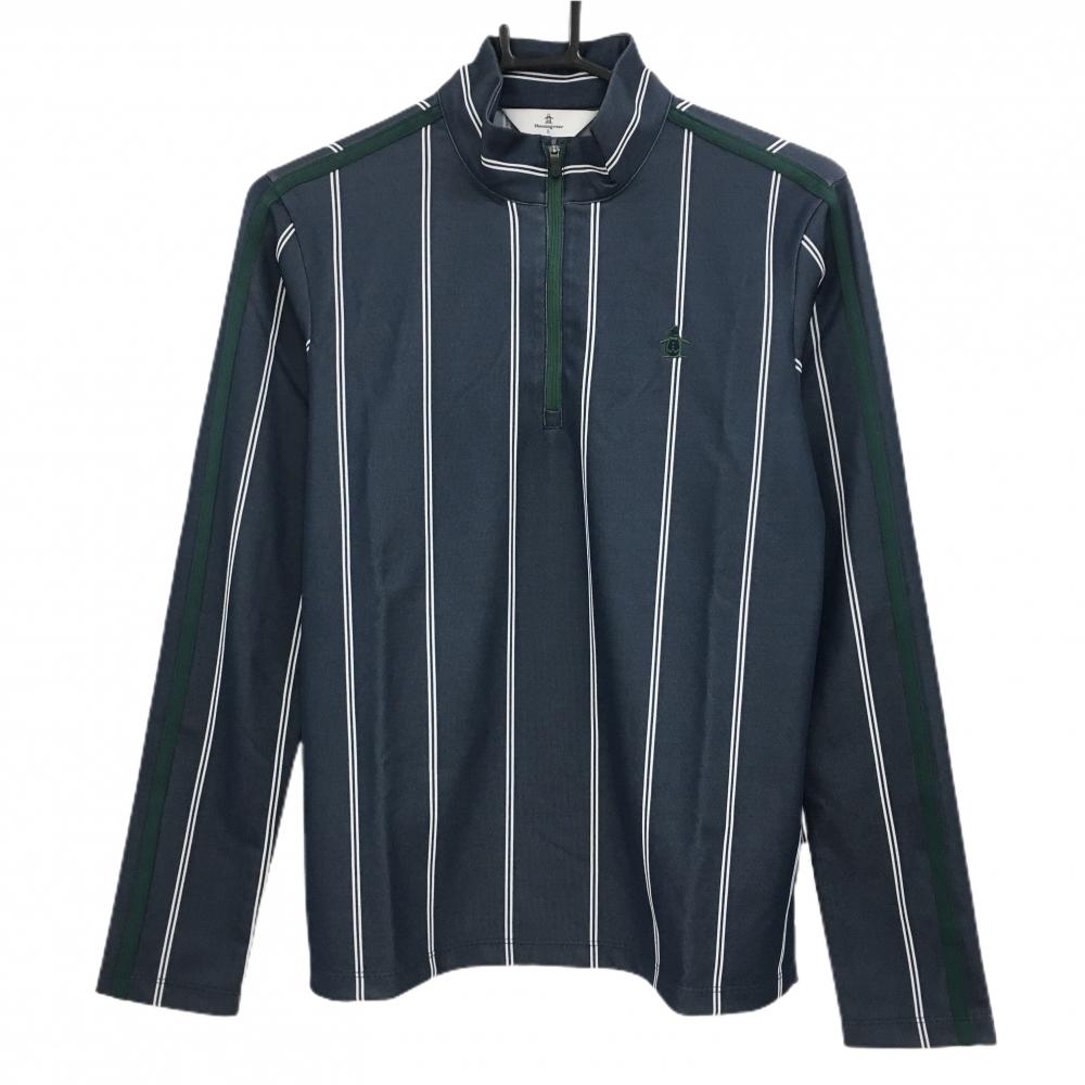 【美品】マンシングウェア 長袖ハイネックシャツ ネイビー×白 ストライプ  レディース L ゴルフウェア 2023年モデル Munsingwear