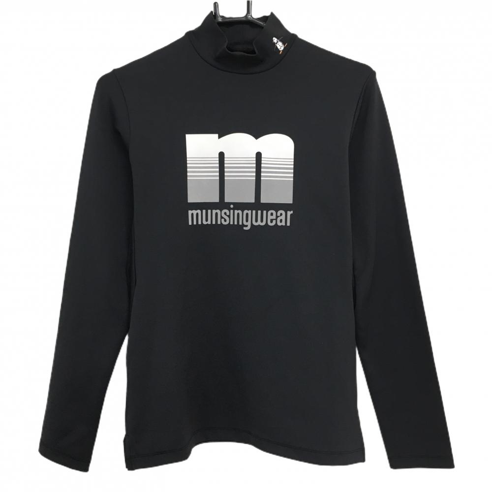 【超美品】マンシングウェア 長袖ハイネックシャツ 黒×グレー 裏微起毛 フロッキーロゴ レディース L ゴルフウェア Munsingwear