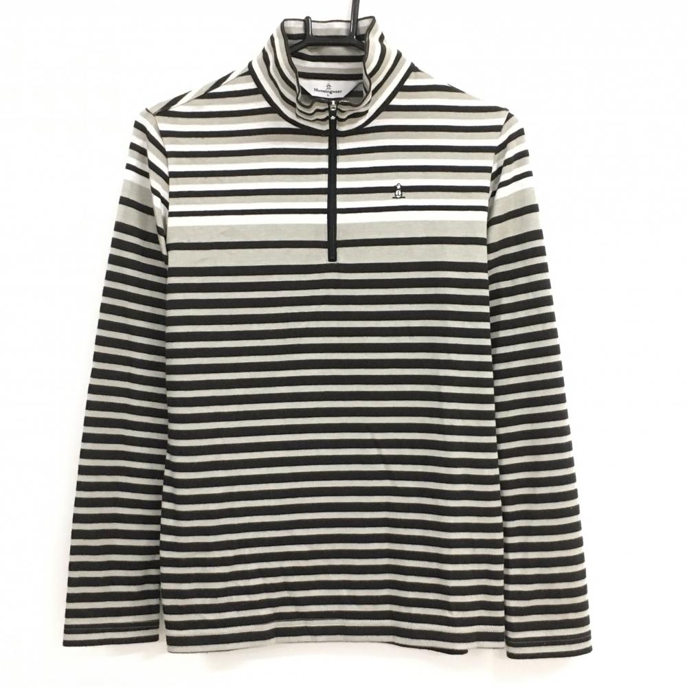 マンシングウェア 長袖ハイネックシャツ グレージュ×黒 ボーダー ハーフジップ 微起毛 レディース L ゴルフウェア Munsingwear