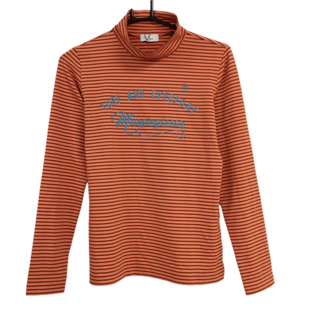 【美品】マンシングウェア 長袖ハイネックシャツ オレンジ×ブラウン ボーダー フロントプリント レディース M ゴルフウェア Munsingwear