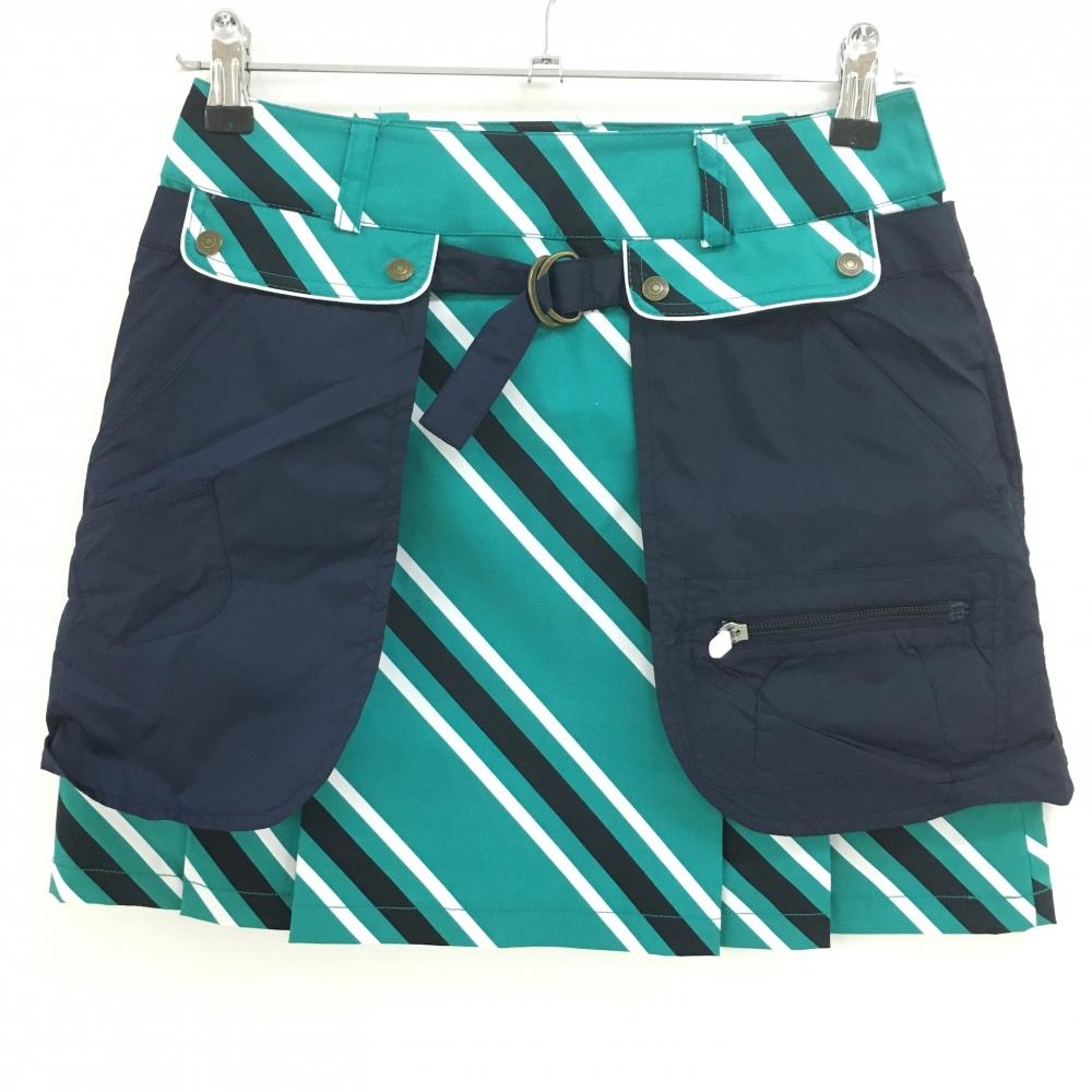 【美品】マンシングウェア 2WAYスカート グリーン×白×ネイビー 斜めストライプ 前面プリーツ  レディース 7 ゴルフウェア Munsingwear