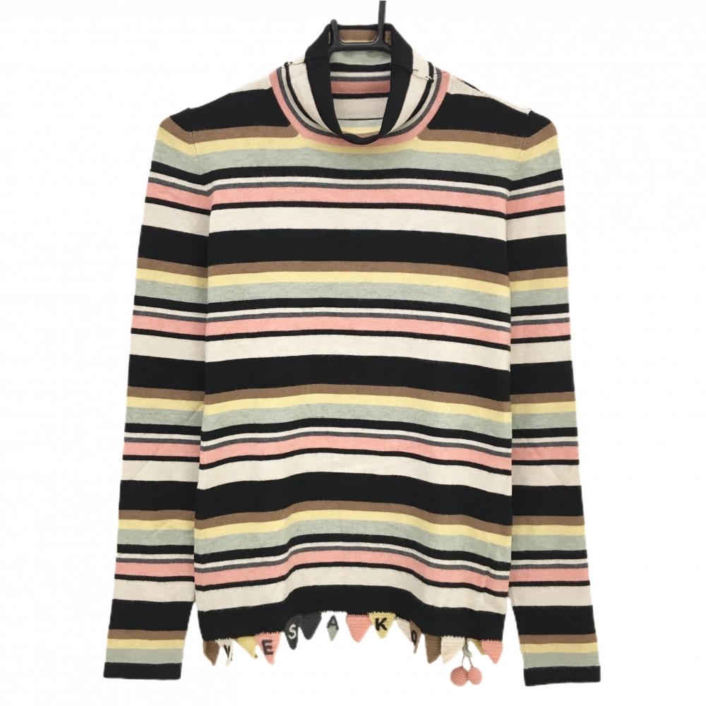 【美品】ミエコウエサコ タートルネックセーター ベージュ×黒 ボーダー 裾サクランボ ニット レディース 38(S) ゴルフウェア M・U SPORTS