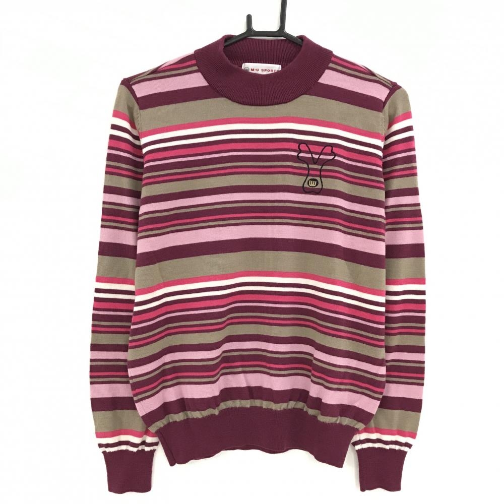 【超美品】MUスポーツ ハイネックセーター ボルドー系×ピンク×ブラウン系 ボーダー  レディース 40(M) ゴルフウェア M・U SPORTS