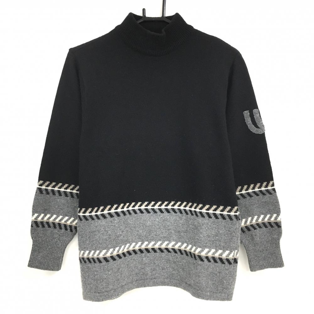 MUスポーツ ハイネックセーター 黒×グレー 袖ロゴ ニット ウール75％ アンゴラ混  レディース 40(M) ゴルフウェア M・U SPORTS