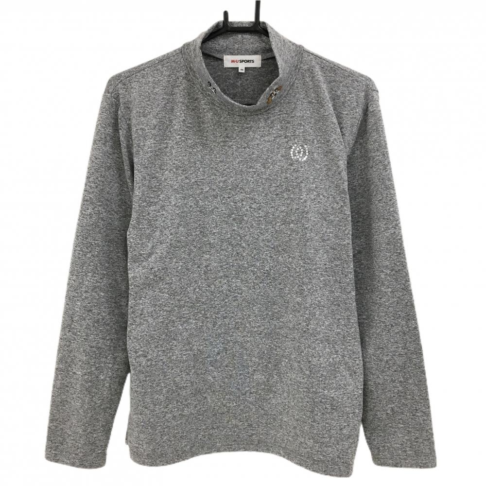 【美品】MUスポーツ 長袖ハイネックシャツ 杢グレー 裏起毛 犬刺しゅう ラインストーンロゴ  レディース 44(XL) ゴルフウェア M・U SPORTS