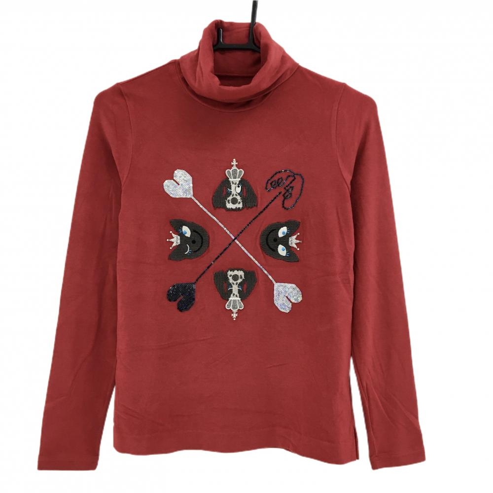 【超美品】ノイジーノイジー 長袖ハイネックシャツ レッド 微起毛 スパンコール 刺しゅう レディース 40(M) ゴルフウェア M・U SPORTS