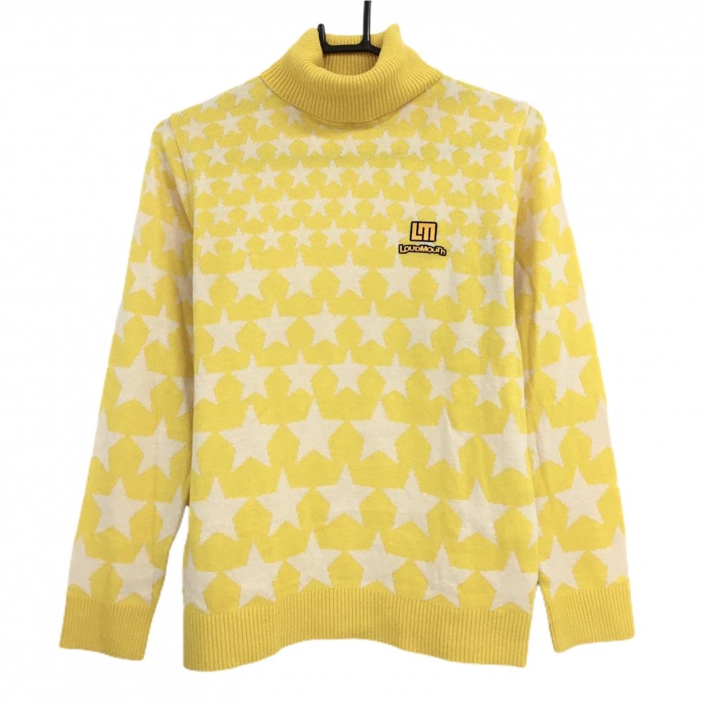 【美品】ラウドマウス タートルネックセーター イエロー×白 星総柄 ウール混 ニット レディース L ゴルフウェア LOUDMOUTH