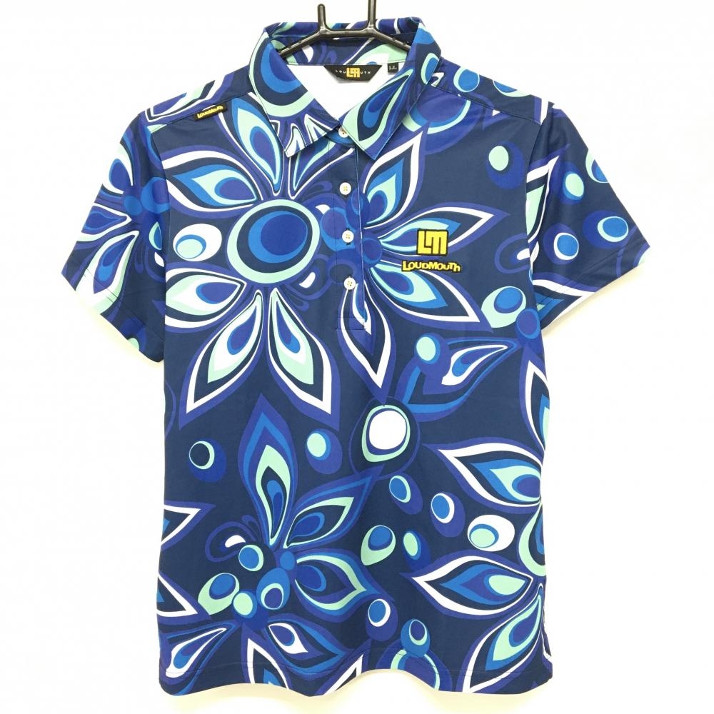 【超美品】ラウドマウス 半袖ポロシャツ ネイビー×ミントグリーン シャガデリック ロゴ刺しゅう レディース LL ゴルフウェア LOUDMOUTH