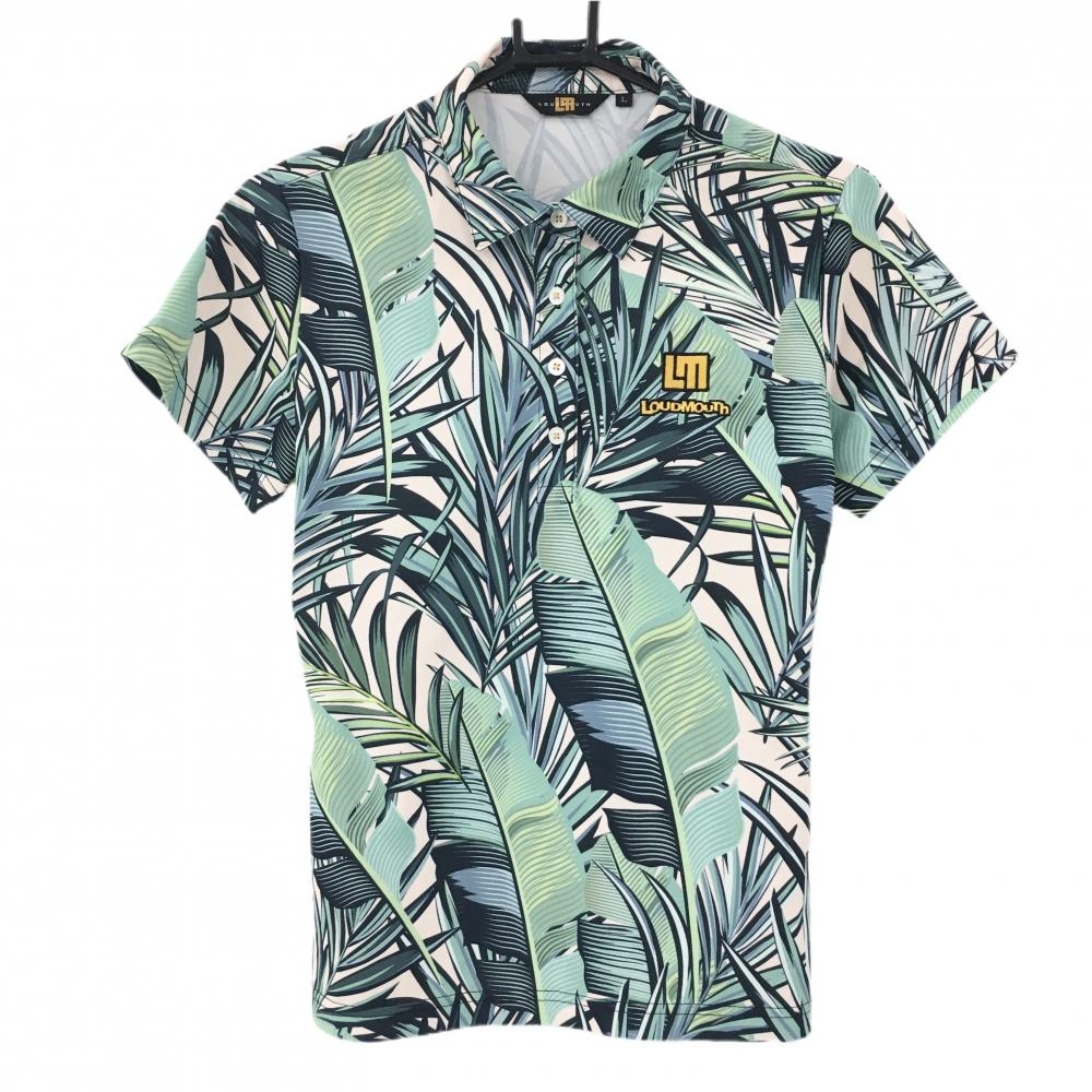 【超美品】ラウドマウス 半袖ポロシャツ ライトベージュ×ミントグリーン リーフ柄 フレンチハーバー レディース L ゴルフウェア LOUDMOUTH