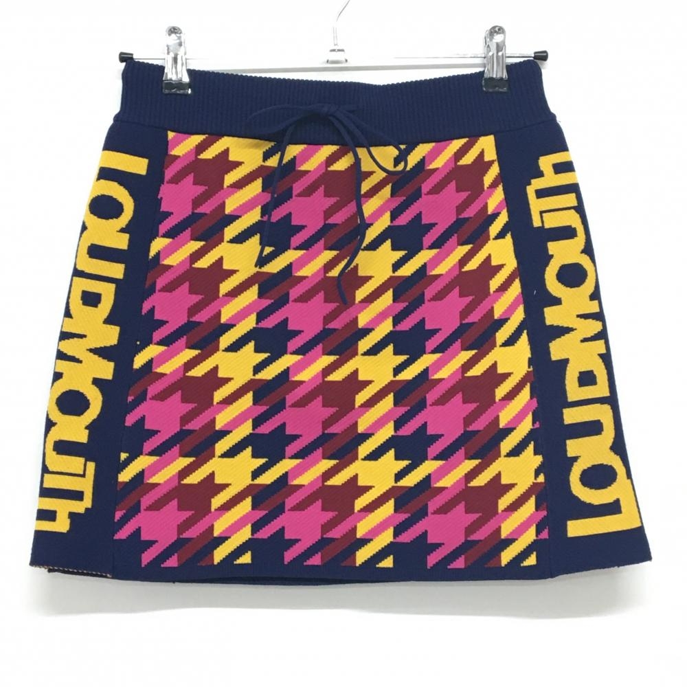 【超美品】ラウドマウス ニットスカート ネイビー×イエロー 千鳥格子 裏地付 サイドロゴ レディース M ゴルフウェア LOUDMOUTH