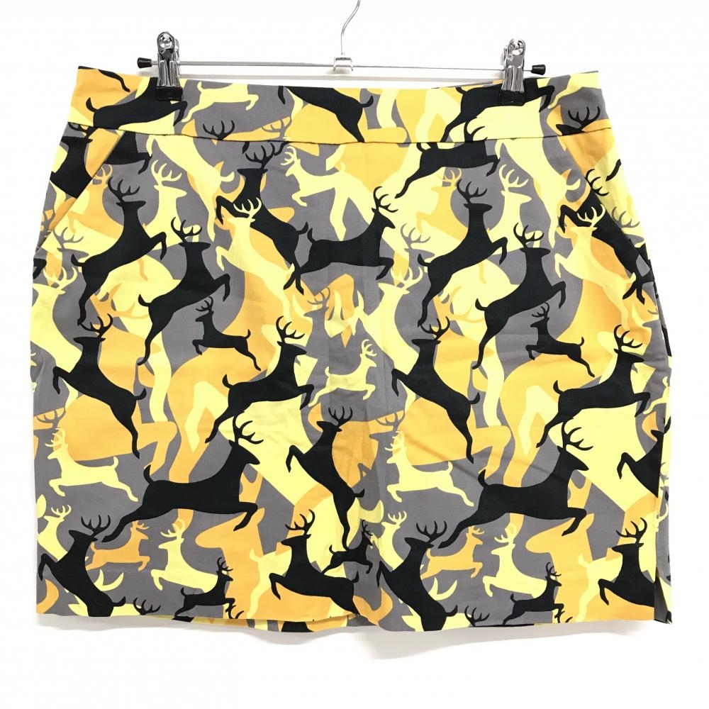 【超美品】ラウドマウス スカート グレー×イエロー シカ総柄 ロゴ刺しゅう レディース US-14 ゴルフウェア 大きいサイズ LOUDMOUTH