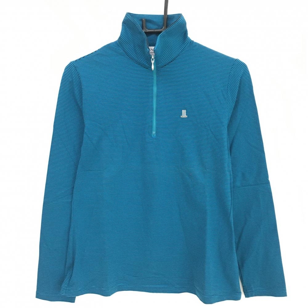 【超美品】ランバンスポール 長袖ハイネックシャツ ブルー×黒 ボーダー ハーフジップ レディース 40(L) ゴルフウェア LANVIN SPORT