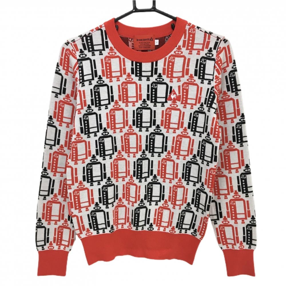 【超美品】ルコックゴルフ セーター 白×レッド ロボット総柄 ロゴ刺しゅう ニット レディース M ゴルフウェア le coq sportif