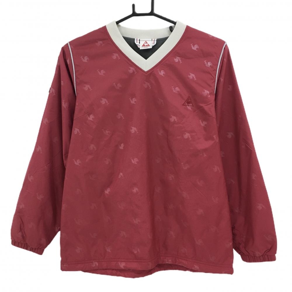 【美品】ルコック ナイロンスニード レッド ロゴ総柄 裏微起毛 Vネック  レディース M ゴルフウェア le coq sportif