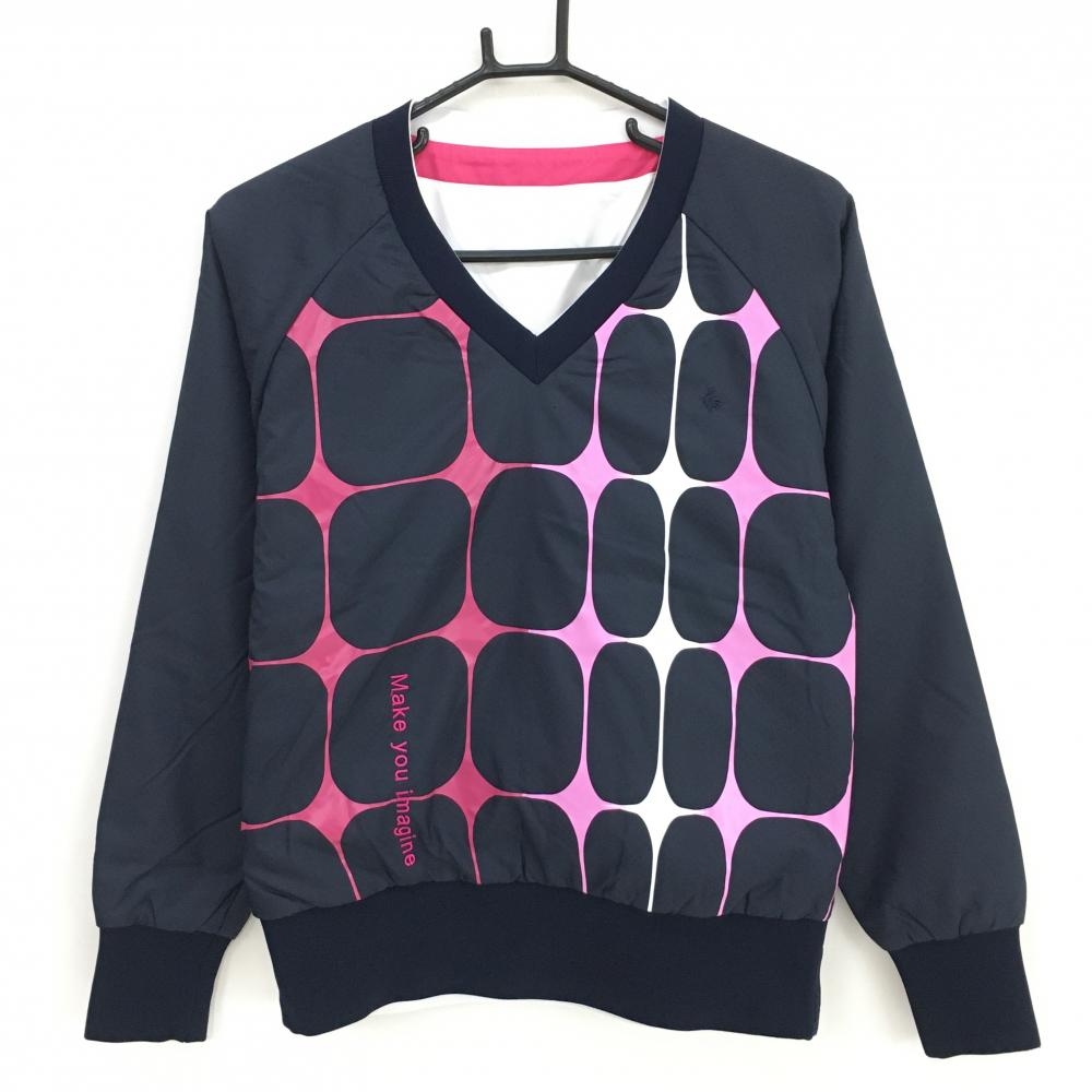 ルコック 中綿リバーシブルスニード ネイビー×ピンク Vネック 前身頃総柄 ブルゾン レディース M ゴルフウェア le coq sportif