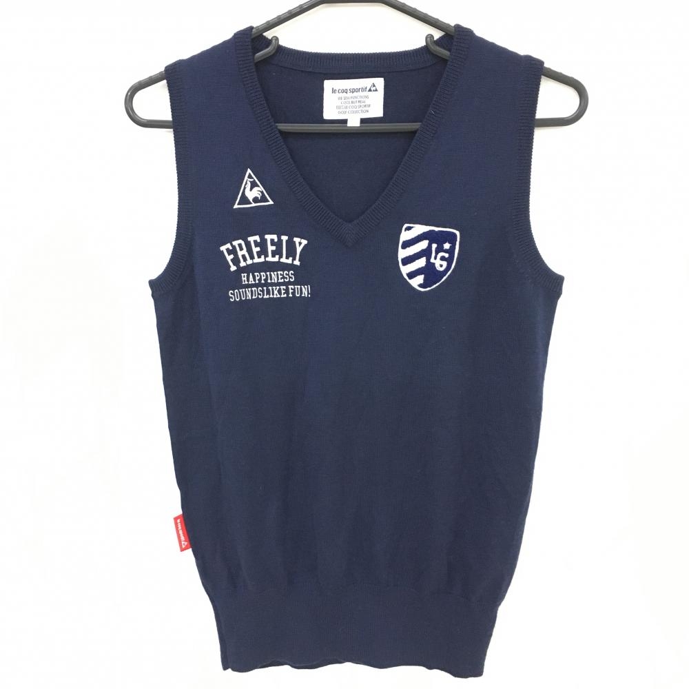 【美品】ルコックゴルフ ニットベスト ネイビー×白 ロゴ刺しゅう Vネック ウール混 レディース M ゴルフウェア le coq sportif