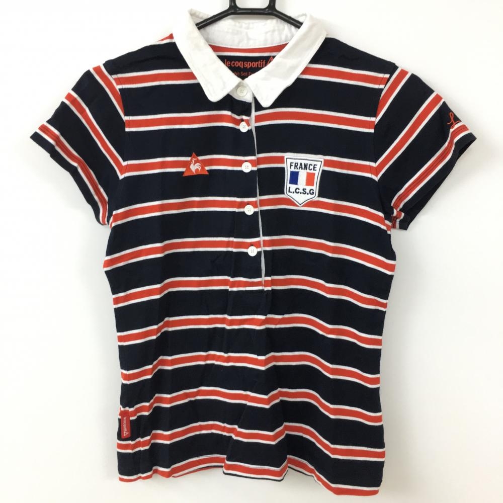 【美品】le coq sportif ルコック 半袖ポロシャツ ダークネイビー×レッド ボーダー トリコロール 総柄 レディース L ゴルフウェア 画像