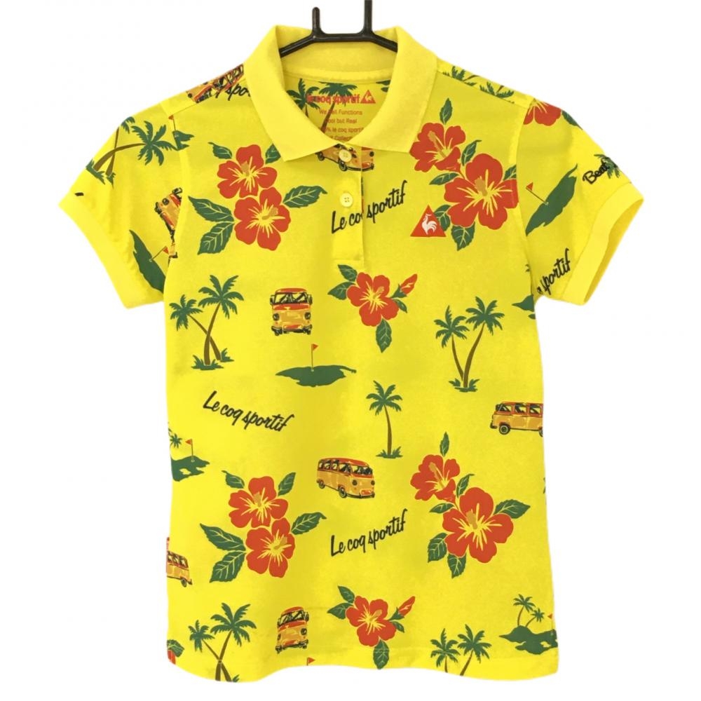 ルコック 半袖ポロシャツ イエロー×レッド ハイビスカス柄 織生地 ロゴ刺しゅう  レディース M ゴルフウェア le coq sportif 画像