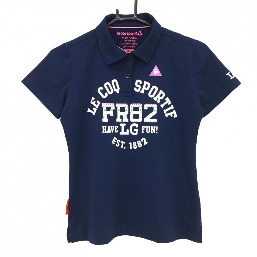 【美品】ルコックスポルティフ 半袖ポロシャツ ネイビー×白 前面ロゴプリント  レディース M ゴルフウェア le coq sportif 画像