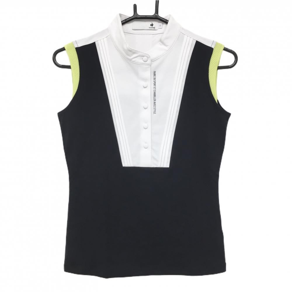 【超美品】ルコックゴルフ ノースリーブポロシャツ 黒×白 バイカラー ピンタック 袖口イエロー レディース S ゴルフウェア le coq sportif