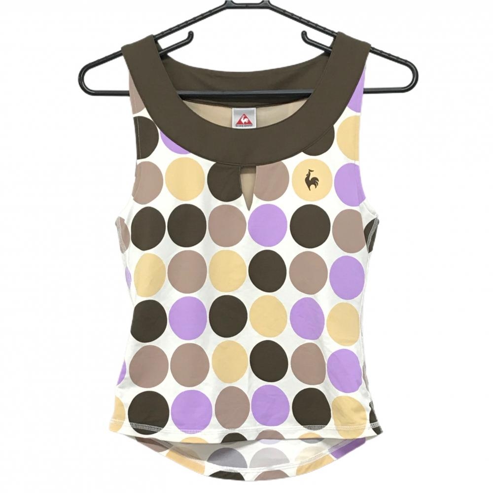 【超美品】ルコック ノースリーブストレッチシャツ アイボリー×ブラウン マルチカラー 水玉柄 レディース M ゴルフウェア le coq sportif