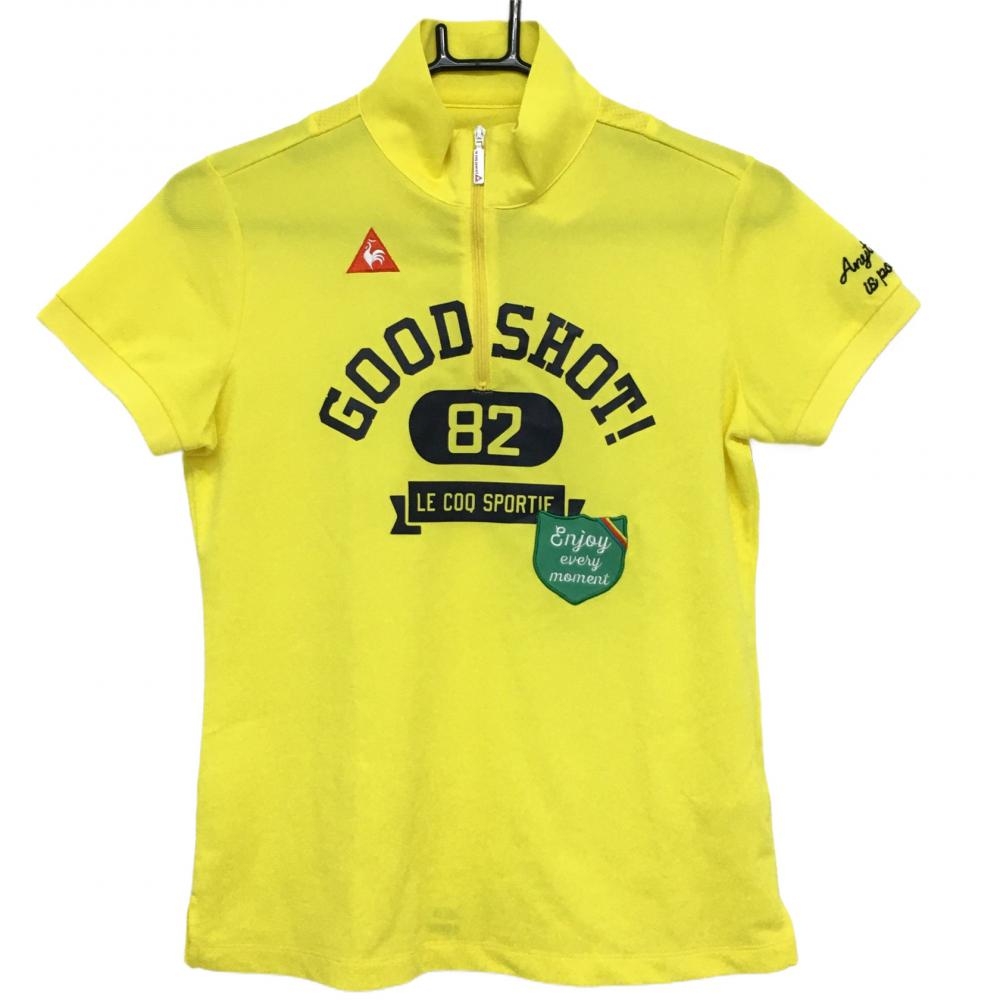 【美品】ルコック 半袖ハイネックシャツ イエロー×ネイビー ハーフジップ プリントロゴ  レディース M ゴルフウェア le coq sportif