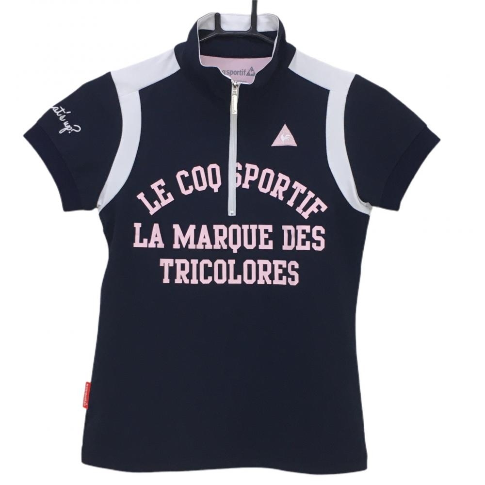 【美品】ルコック 半袖ハイネックシャツ ネイビー×ピンク フロント英字プリント ロゴ刺しゅう  レディース S ゴルフウェア le coq sportif