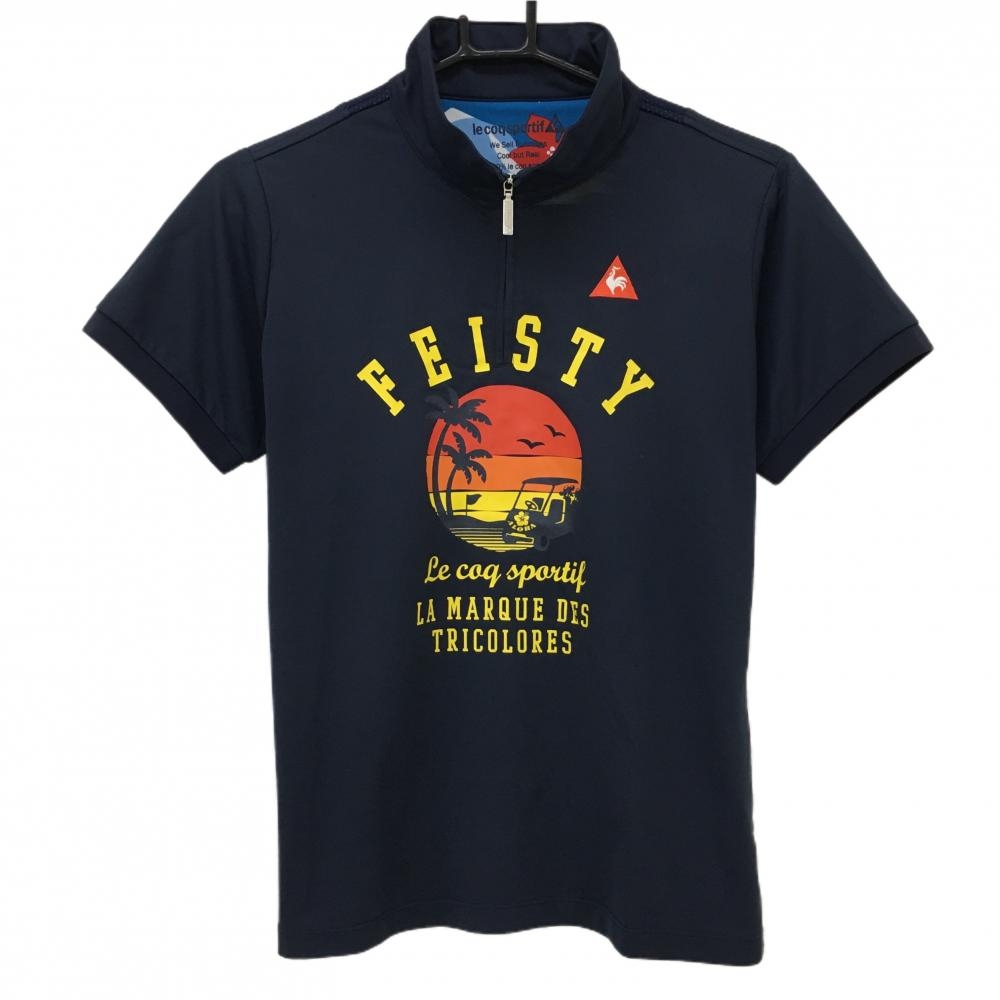 【美品】ルコック 半袖ハイネックシャツ ネイビー×イエロー サンセット柄プリント  レディース LL ゴルフウェア le coq sportif 画像