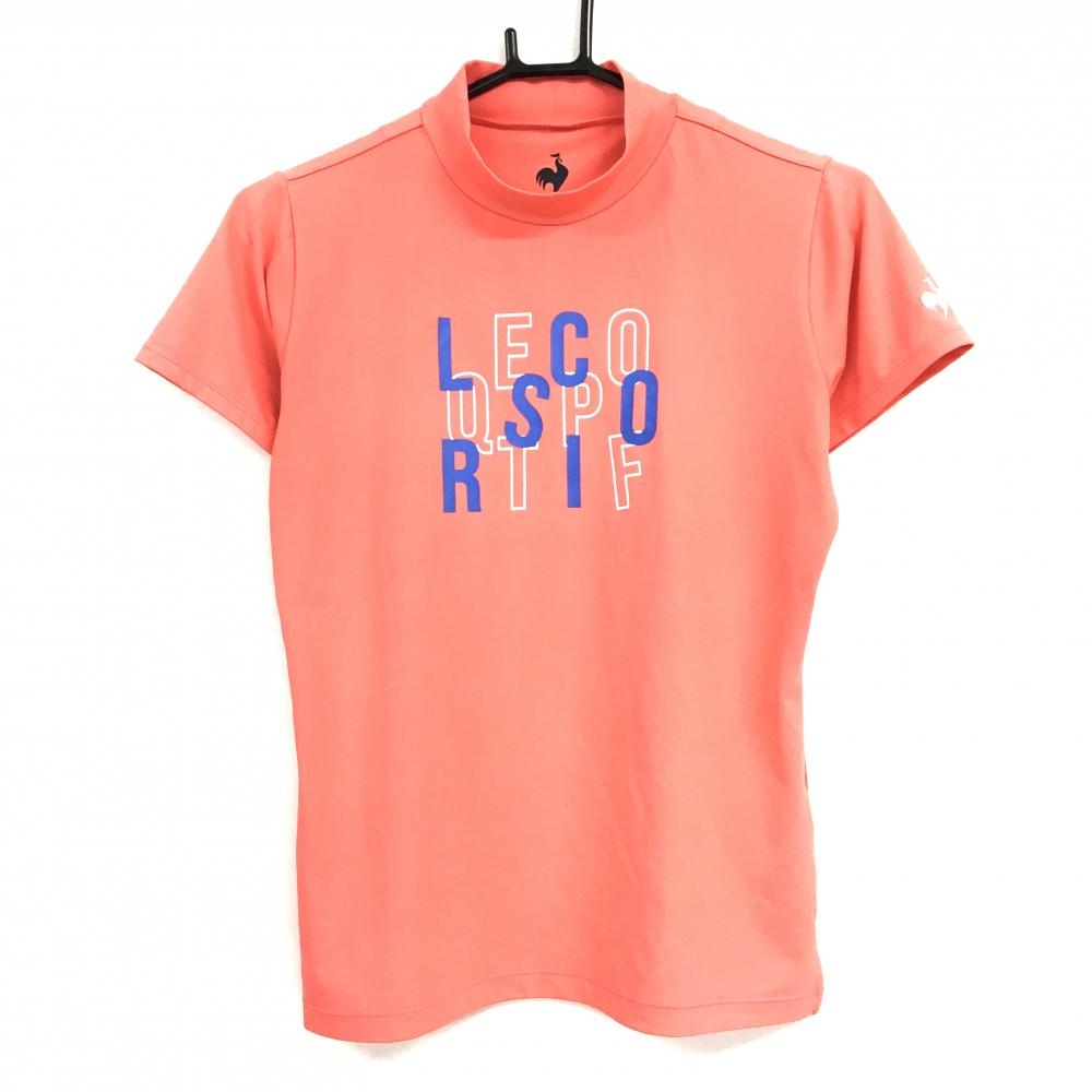 【超美品】ルコックゴルフ 半袖ハイネックシャツ サーモンピンク系×ブルー フロントロゴ レディース M ゴルフウェア le coq sportif