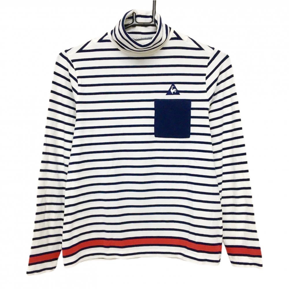 【美品】ルコックゴルフ 長袖タートルネックシャツ 白×ネイビー ボーダー 微起毛素材 レディース M ゴルフウェア le coq sportif