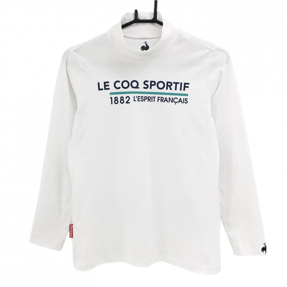 【美品】ルコックゴルフ 長袖ハイネックシャツ 白×ネイビー フロントロゴプリント レディース L ゴルフウェア le coq sportif