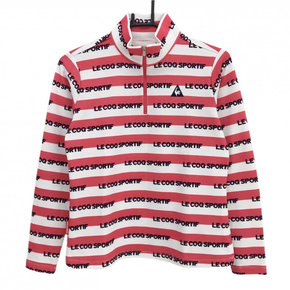 ルコックゴルフ 長袖ハイネックシャツ ピンク×白×ネイビー ボーダー ロゴ総柄 ハーフジップ  レディース L ゴルフウェア le coq sportif