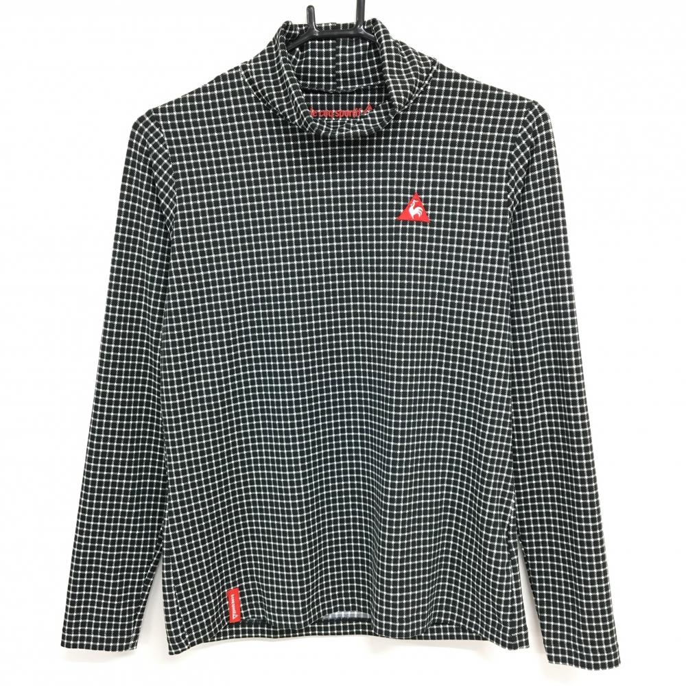 【超美品】ルコック 長袖ハイネックシャツ 黒×白 チェック柄 ロゴ刺しゅう インナー レディース L ゴルフウェア le coq sportif