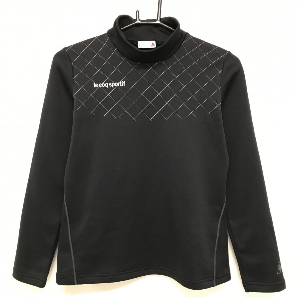 【超美品】ルコック 長袖ハイネックシャツ 黒×グレー 上部格子柄 ロゴプリント 裏起毛 レディース S ゴルフウェア le coq sportif