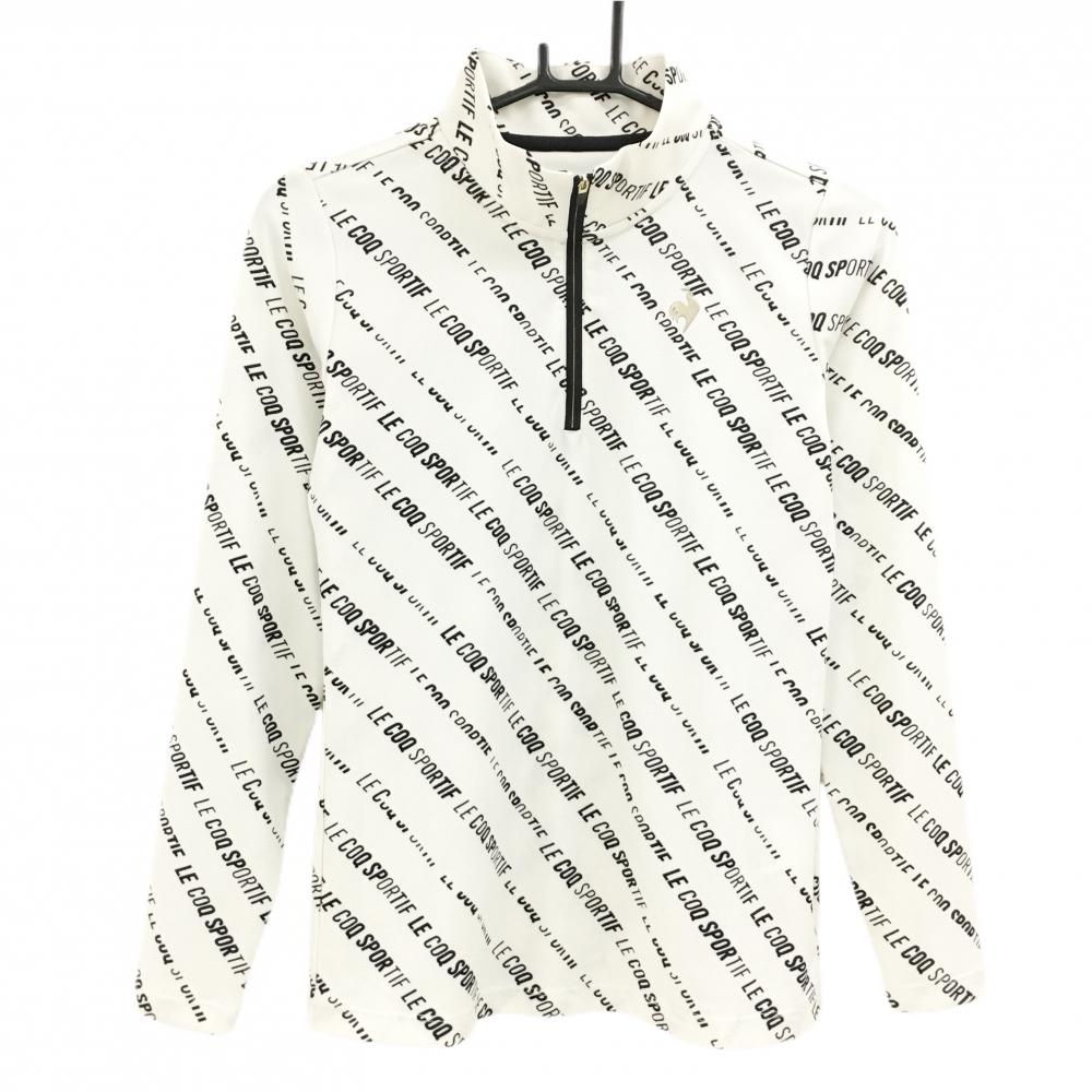 【超美品】ルコックゴルフ 長袖ハイネックシャツ 白×黒 ロゴ総柄 ハーフジップ レディース M ゴルフウェア le coq sportif
