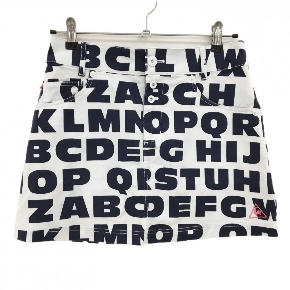 ルコックゴルフ スカート 白×ネイビー 英字総柄 ストレッチ レディース 9 ゴルフウェア le coq sportif