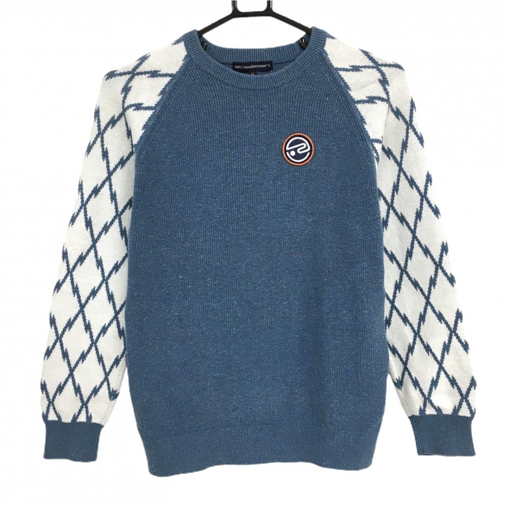 ロサーセン セーター ネイビー×白 袖ダイヤ柄 ロゴワッペン ニット カシミヤ混  レディース M ゴルフウェア Rosasen