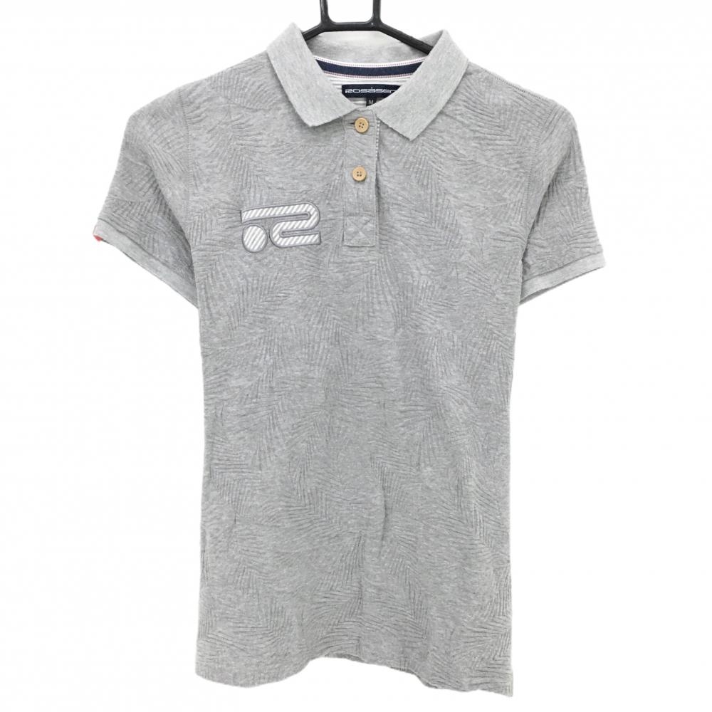 【美品】ロサーセン 半袖ポロシャツ グレー リーフ柄織生地 綿100％ レディース M ゴルフウェア Rosasen