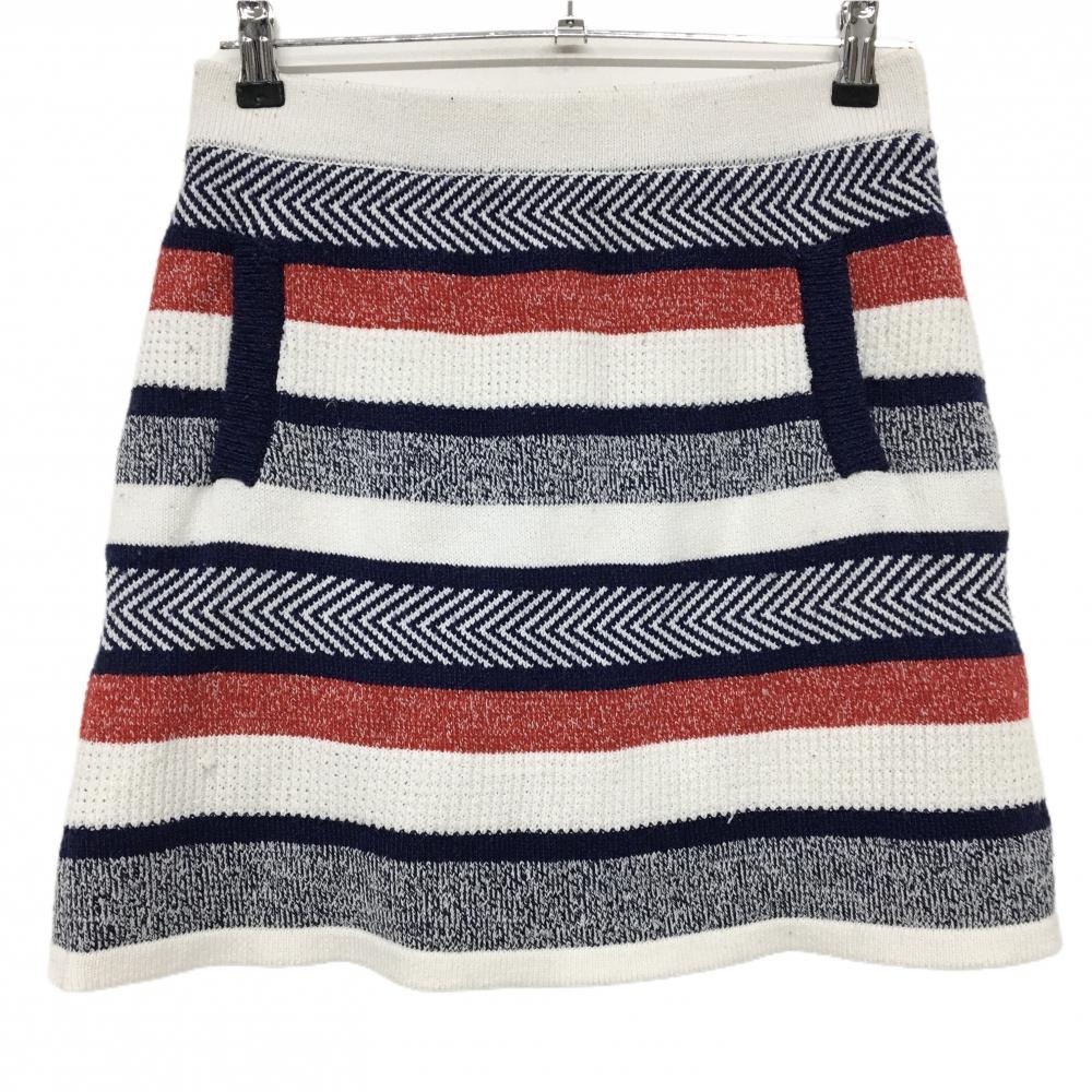 ロサーセン ニットスカート 白×ネイビー×レッド ボーダー ウール混 ウエストゴム 裏地付 レディース L ゴルフウェア Rosasen