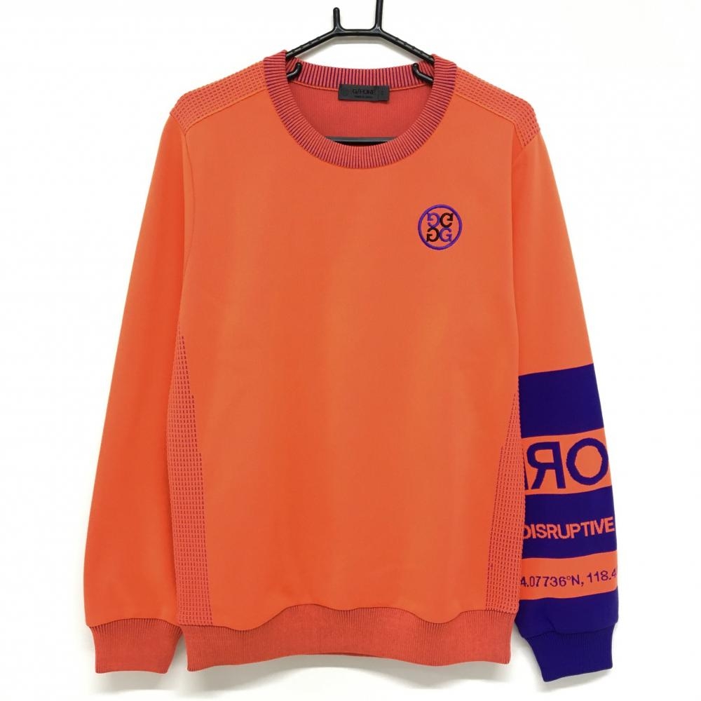【超美品】ジーフォア セーター 蛍光オレンジ系×パープル ニット 袖ロゴ メンズ 3(XL) ゴルフウェア G/FORE