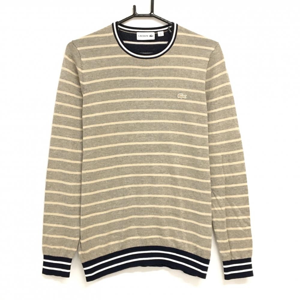 【超美品】ラコステ セーター グレー×ベージュ ボーダー ニット メンズ US-S ゴルフウェア LACOSTE