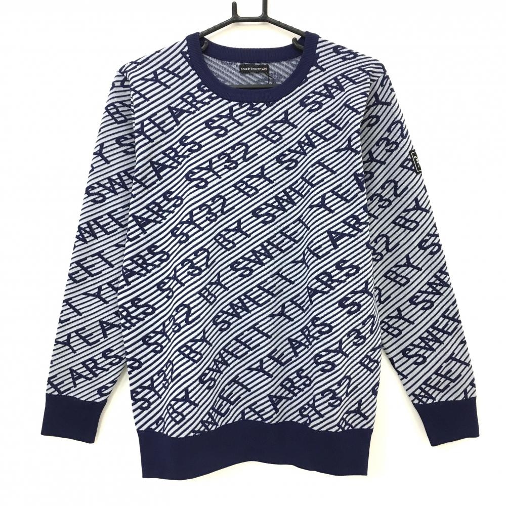 【新品】SY32 セーター ネイビー×ライトグレー ロゴ総柄 斜めボーダー ニット メンズ M ゴルフウェア 2023年モデル SY32 BY SWEET YEARS