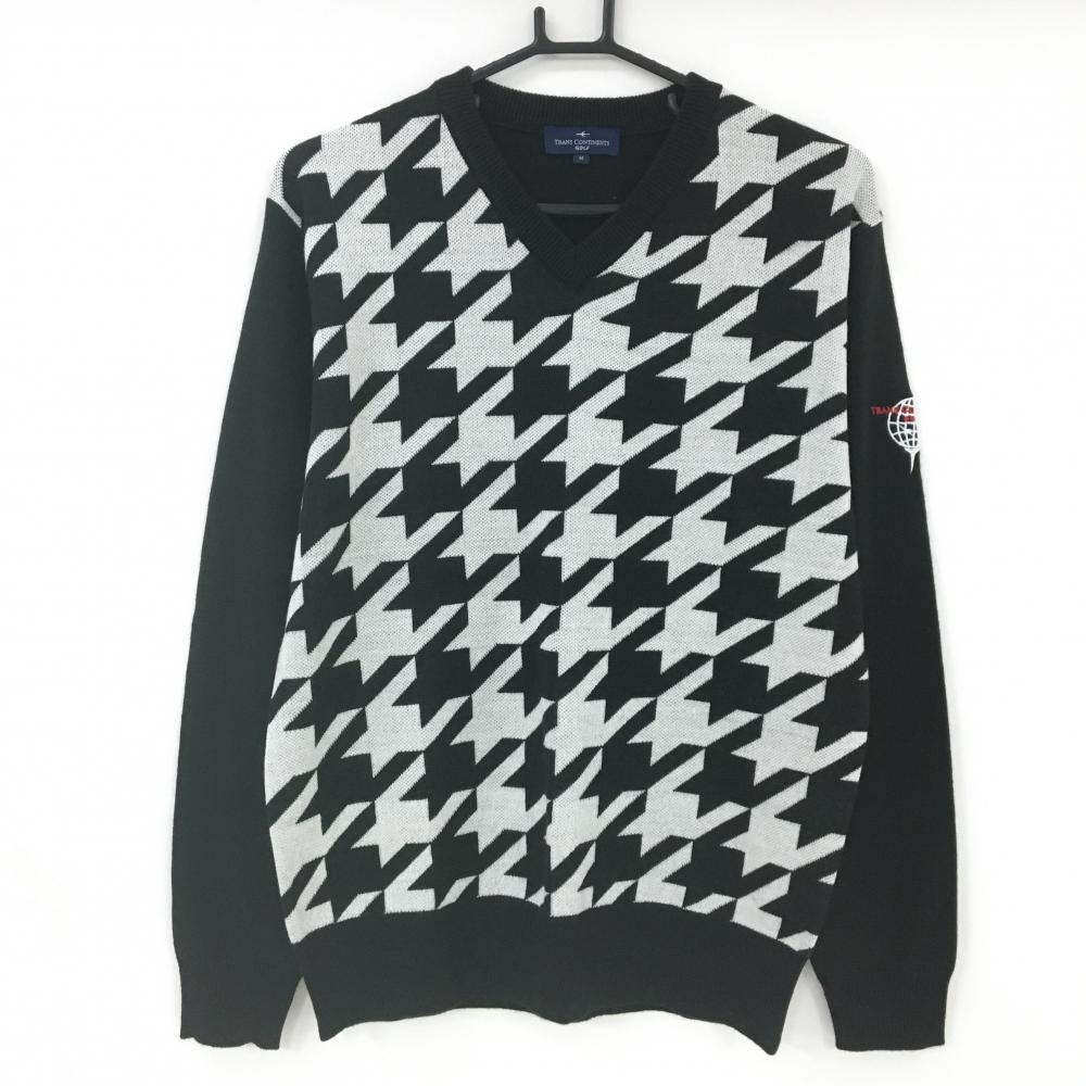 【超美品】トランスコンチネンツゴルフ セーター 黒×白 前身頃千鳥格子 ニット ウール混  メンズ M ゴルフウェア TRANS CONTINENTS