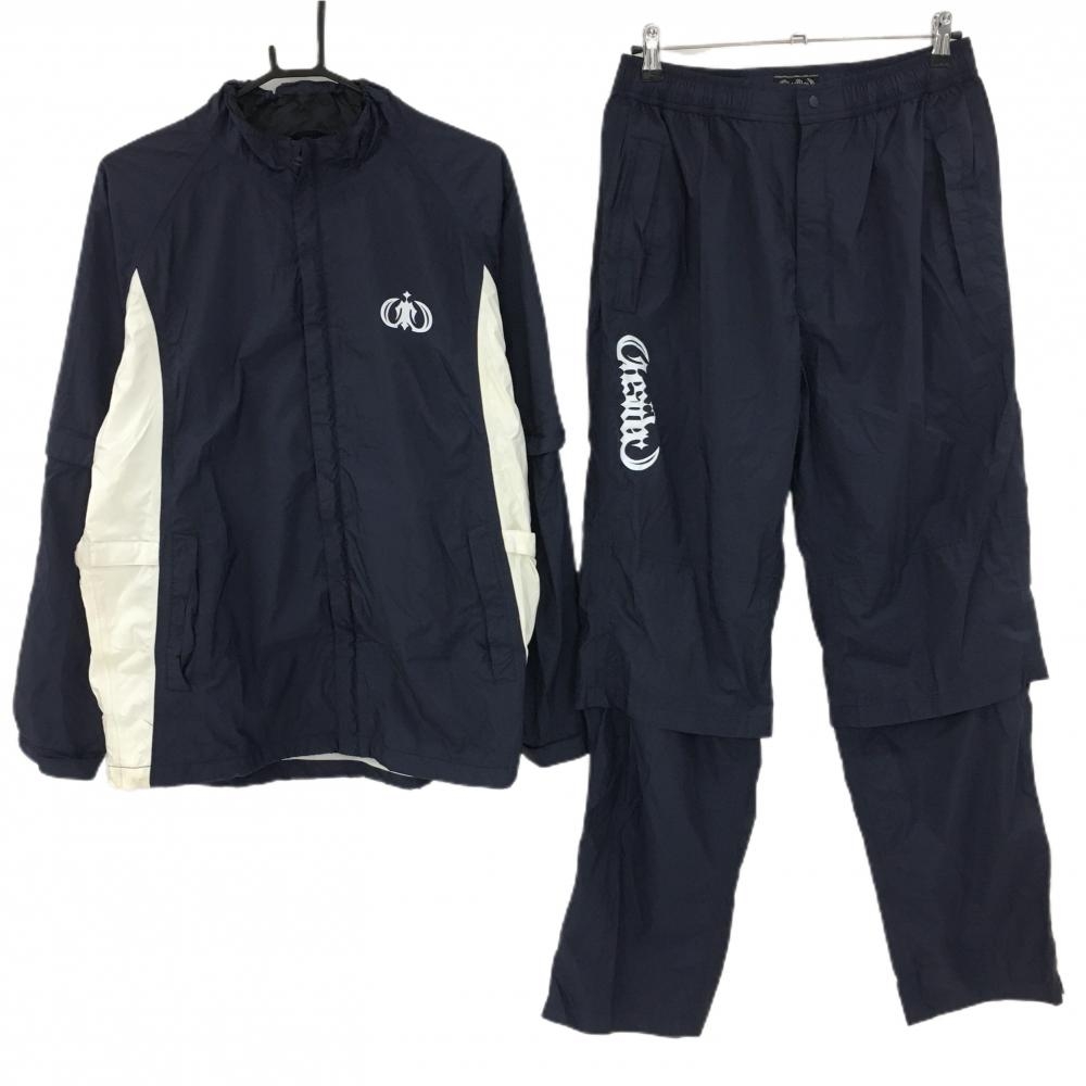【美品】ワンサイダー レインウェア(2WAYジャケット×パンツ) ネイビー×白 裏メッシュ 収納袋付 袖着脱可 メンズ L ゴルフウェア ONESIDER