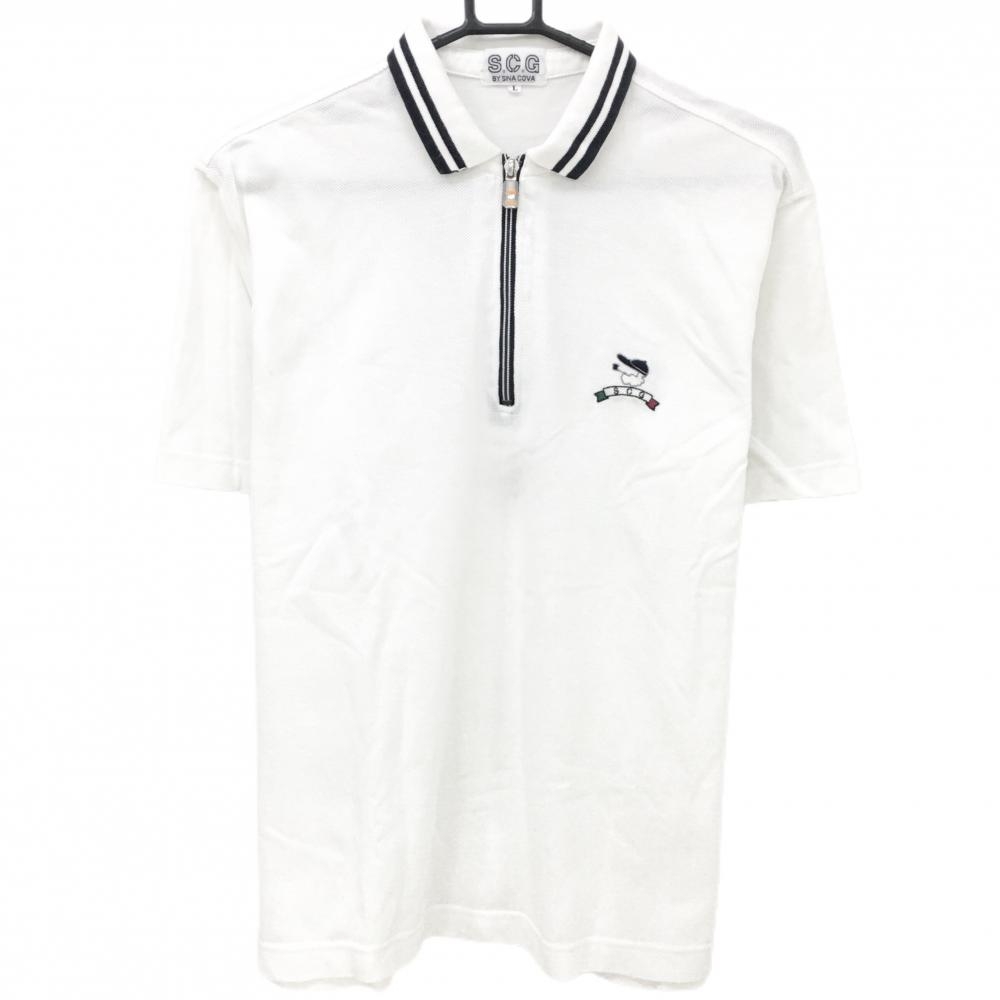 エスシージーバイシナコバ 半袖ポロシャツ 白×ダークネイビー ハーフジップ 胸ロゴ メンズ Ｌ ゴルフウェア S.C.G BY SINA COVA