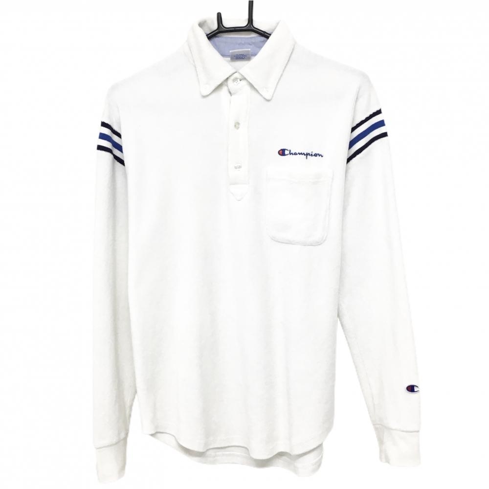 【美品】チャンピオン 長袖ポロシャツ 白 コーデュロイ ストレッチ メンズ MEDIUM ゴルフウェア Champion
