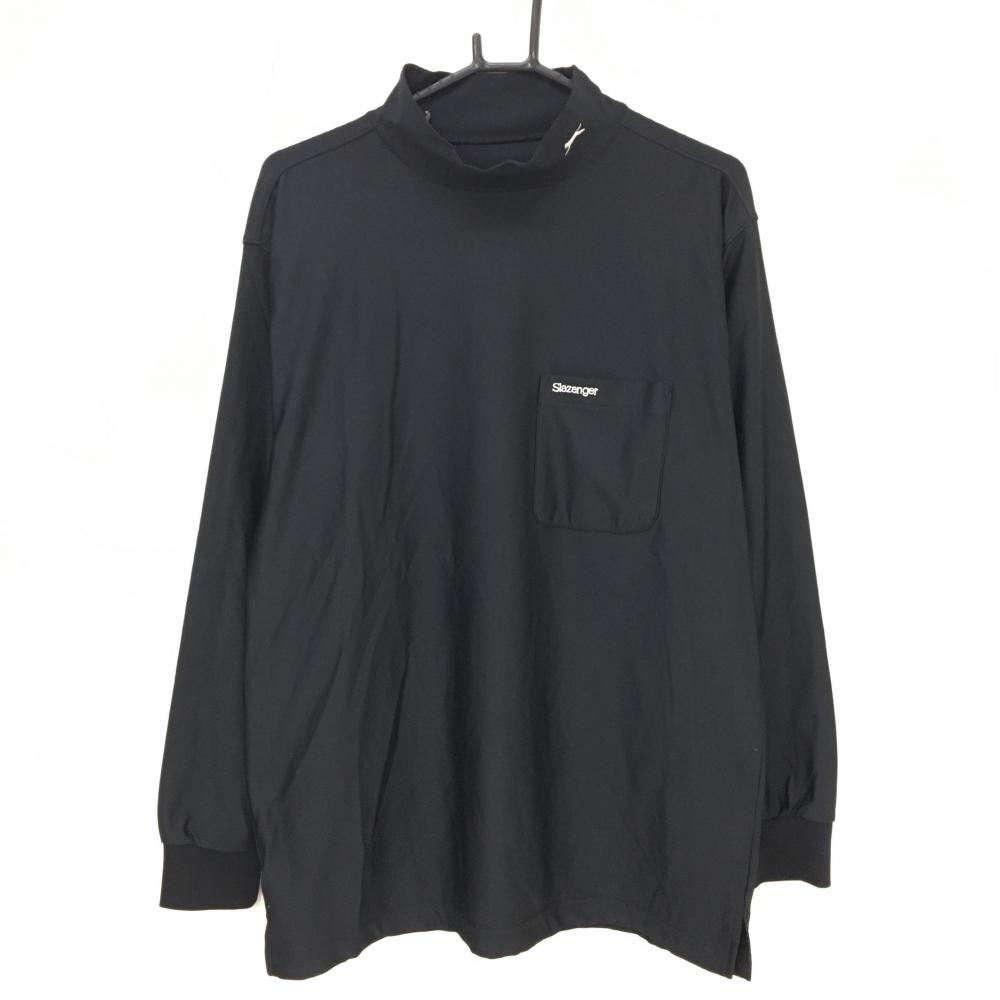 【美品】スラセンジャ― 長袖ハイネックシャツ 黒 地模様 胸ポケット ネックロゴ  メンズ L ゴルフウェア Slazenger