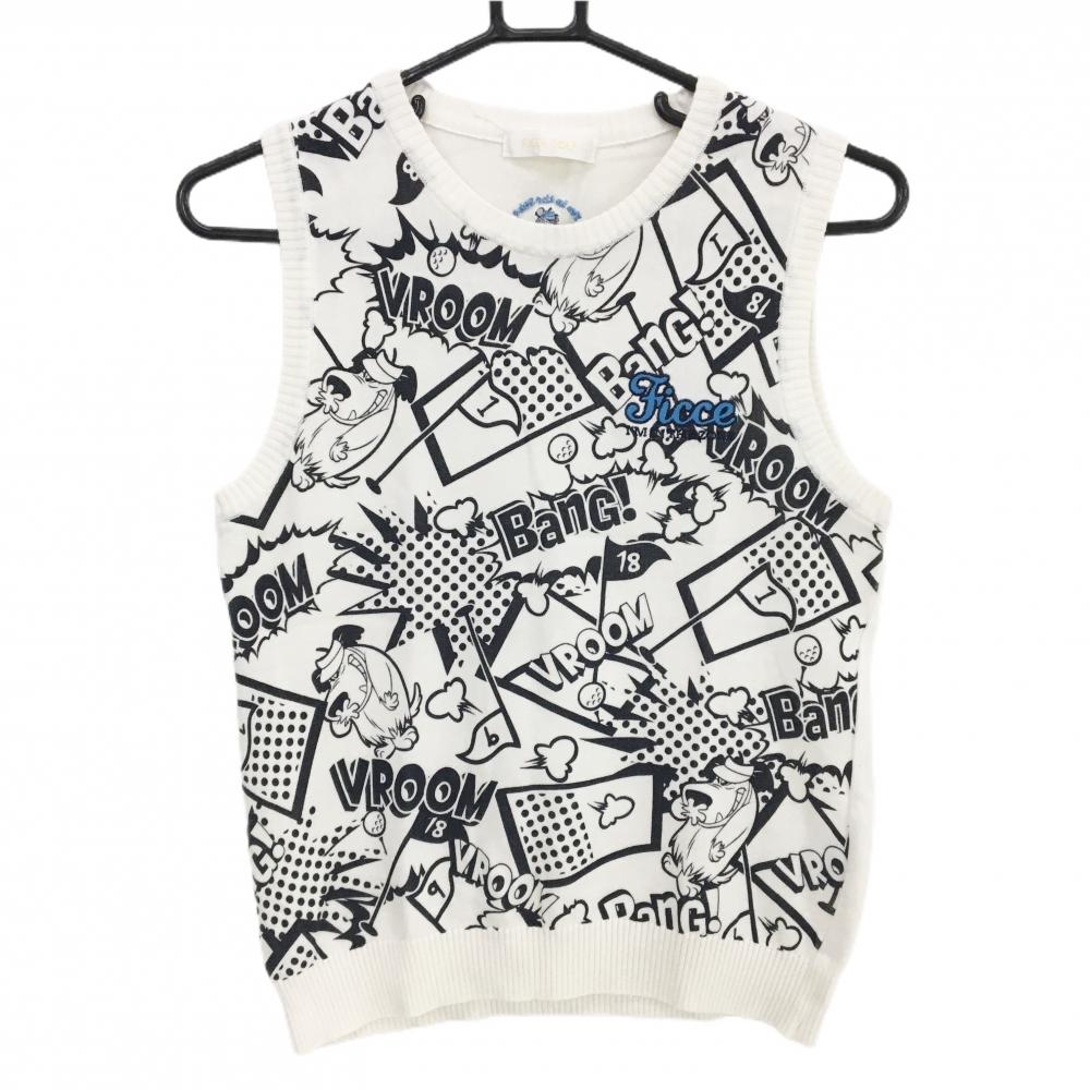 【美品】フィッチェゴルフ×Wacky Races ニットベスト 白×黒 前総柄 レディース M ゴルフウェア FICCE GOLF